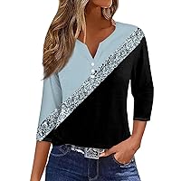 3/4 Length Sleeve Womens Tops Casual Loose Fit Henley Neck T Shirts Cute Print Three Quarter Length Tunic Tops