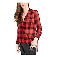 Womens Red Plaid Long Sleeve Collared Top XXS