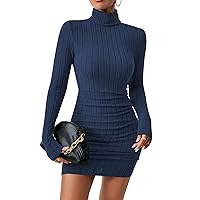 COZYEASE Women's Rib Knit Ruched Long Sleeve Short Bodycon Dresses High Neck Slim Fit High Waist Sweater Dress