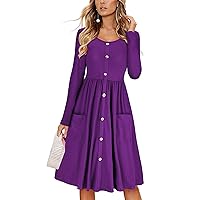 Womens Long Sleeve Button Down Loose Swing Midi Dress Round Neck Casual Skater Dress with Pockets A Line Tunic Dresses