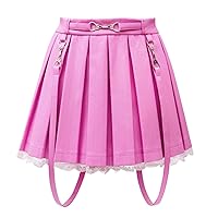 Littleforbig Women's A-Line Pleated Faux Leather Flared Casual Lace Trim Mini Skirts - Troublemaker