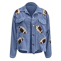 Women's Cropped Corduroy Jacket Football Print Raw Hem Fashion Outwear Button Down Lapel Crop Casual Jacket Coats