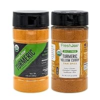 FreshJax Organic Ground Turmeric and Yellow Curry Powder Bundle | 2 Large Bottles | Non GMO, Gluten Free, Keto, Paleo, No Preservatives Seasonings and Spices