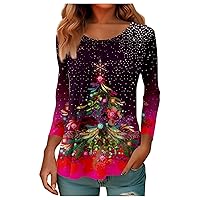 Womens Merry Christmas 2023 Dressy Crewneck Tops Retro Print Long Sleeve Fashion Fall T-Shirts Pullover Blouses