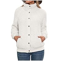 Mock Neck Plush Coat for Women Casual Button Down Fleece Jackets with Pockets 2023 Winter Solid Warm Jackets Outwear