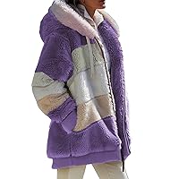 Winter Coats for Women Fuzzy Fleece Jacket Zipper Hooded Color Block Patchwork Cardigan Sherpa Outerwear with Pocket