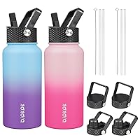 BJPKPK 2 Pack Insulated Water Bottles with Straw Lids, 27oz Stainless Steel Metal Water Bottle with 6 Lids, Leak Proof BPA Free Thermos, Cups, Flasks for Travel, Sports (Sakura+Ocean Dream)