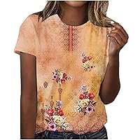 Floral Print T Shirts for Women Short Sleeve Summer Shirts Casual Crew Neck Pullover Tops Loose Fit Dressy Blouses Tunic Tee