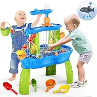 Water Table for Toddlers 1-3 3-5 with Water Pumb, 3-Tier Kids Sand Water Table, Rain Showers Splash Pond for Outdoor Beach Backyard Summer, Activity Sensory Play Table for Boys Girls