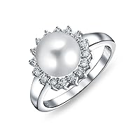 Bling Jewelry Personalize Bridal Party CZ Halo Side Stones White Solitaire Freshwater Cultured Pearl Engagement Cocktail Ring For Women .925 Sterling Silver Customizable