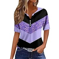 Summer Tops for Women 2024 Short Sleeve T Shirt Tee Print Button Basic V- Neck Regular Tops