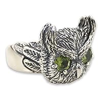NOVICA Artisan Handmade Peridot Cocktail Ring Crafted .925 Sterling Silver Green Indonesia Animal Themed Birthstone Bird 'Mysterious Owl'