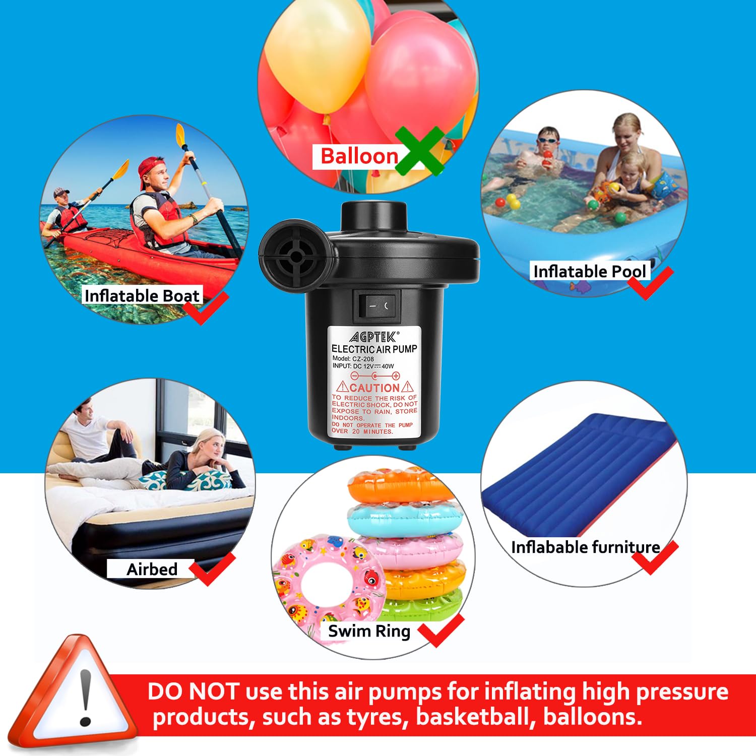 Electric Air Pump, AGPTEK Portable Quick-Fill Air Pump with 3 Nozzles, 110V AC/12V DC, Perfect Inflator/Deflator Pumps for Outdoor Camping, Inflatable Cushions, Air Mattress Beds, Boats, Swimming Ring