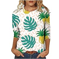 3/4 Sleeves Womens Summer Tops Floral Marble Print T Shirts Round Neck Gradient Blouse Tunic Tee Cute Fashion
