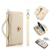 Wallet Case for iPhone 11 Pro Max/11 Pro/11 with RFID Blocking Card&Cash Slot Detachable Wrist Strap Shoulder Strap Support Magnetic Wireless Charging (11Pro,Beige1)