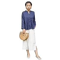 One Piece Only Casual Chic Summer Blouse for Women with Buttons and Sleeves Beautifully Hand Painted Made from Linen Fabric in Navy 105