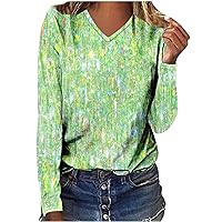 Women's Spring Summer Long Sleeve Fashion Print T Shirts Casual Loose Fit V Neck Pullover Tops Comfy Lightweight Blouse