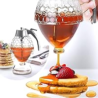 Glass Honey Dispenser – No Drips, No Trails – CLEVLI Honey Container 8 Oz with Stand – Easy to Clean Honey Pot – Honey Jar with Dipper – Maple Syrup Dispenser – Syrup Holder with Honeycomb Design