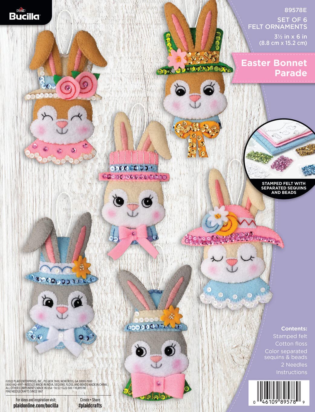 Bucilla Felt Applique 6 Piece Ornament Making Kit, Easter Bonnet Parade, Perfect for DIY Arts and Crafts, 89578E