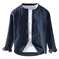 Casual Striped Long Sleeve Linen Shirt, Men's Cotton-Linen Chinese Style Mandarin Collar Shirt, Men's Top