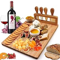 Bamboo Cheese Board Meat Charcuterie Platter Serving Tray W/ 4 Tableware Stainless Steel Knife, Home Kitchen Food Server Plate Cutter Cutlery Tool, Entertain Family Friend Guest as a Gift (14''x11'')