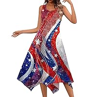 Flowy Dresses for Women 2024 American Flag Print Fashion Vintage Sundresses Round Neck Sleeveless Tunic Dress