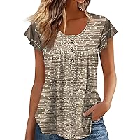 Cropped Tank Tops for Women Womens Tshirts Cotton Loose Fit Sheer Button Up Blouse Plus Size Short Sleeve Tops Loose Tunic Printed Button Round Neck T-Shirts Khaki Large