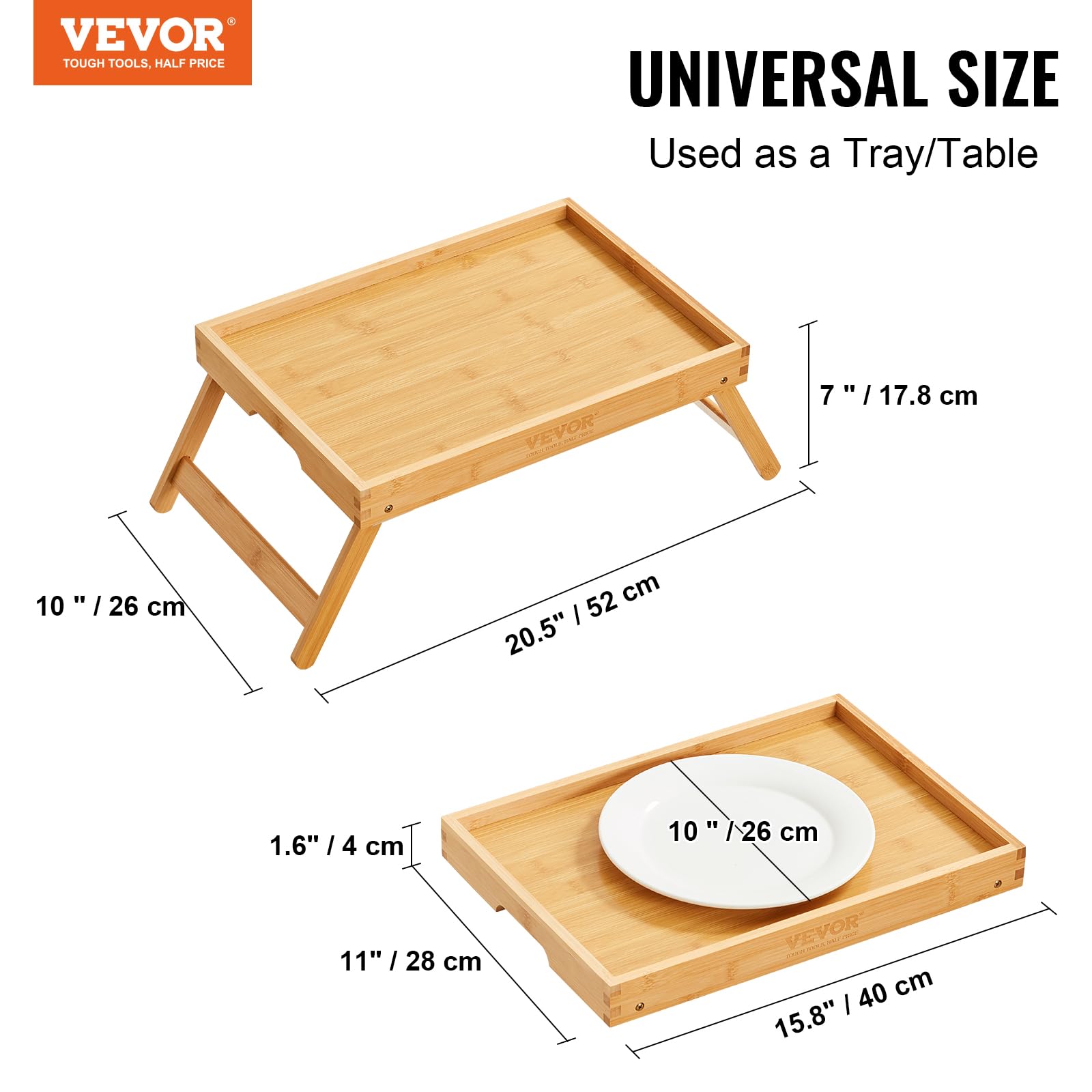 VEVOR 2-Pack Bed Tray Table with Foldable Legs, Bamboo Breakfast Tray for Sofa, Bed, Eating, Snacking, and Working, Folding Serving Laptop Desk Tray, Portable Food Snack Platter for Picnic, 15.7