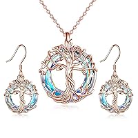 TOUPOP Rose Gold Tree of Life Jewelry Set Sterling Silver Tree of Life Necklace&Earrings with Circle Crystal Jewelry Gifts for Women Girls Birthday Mother's Day