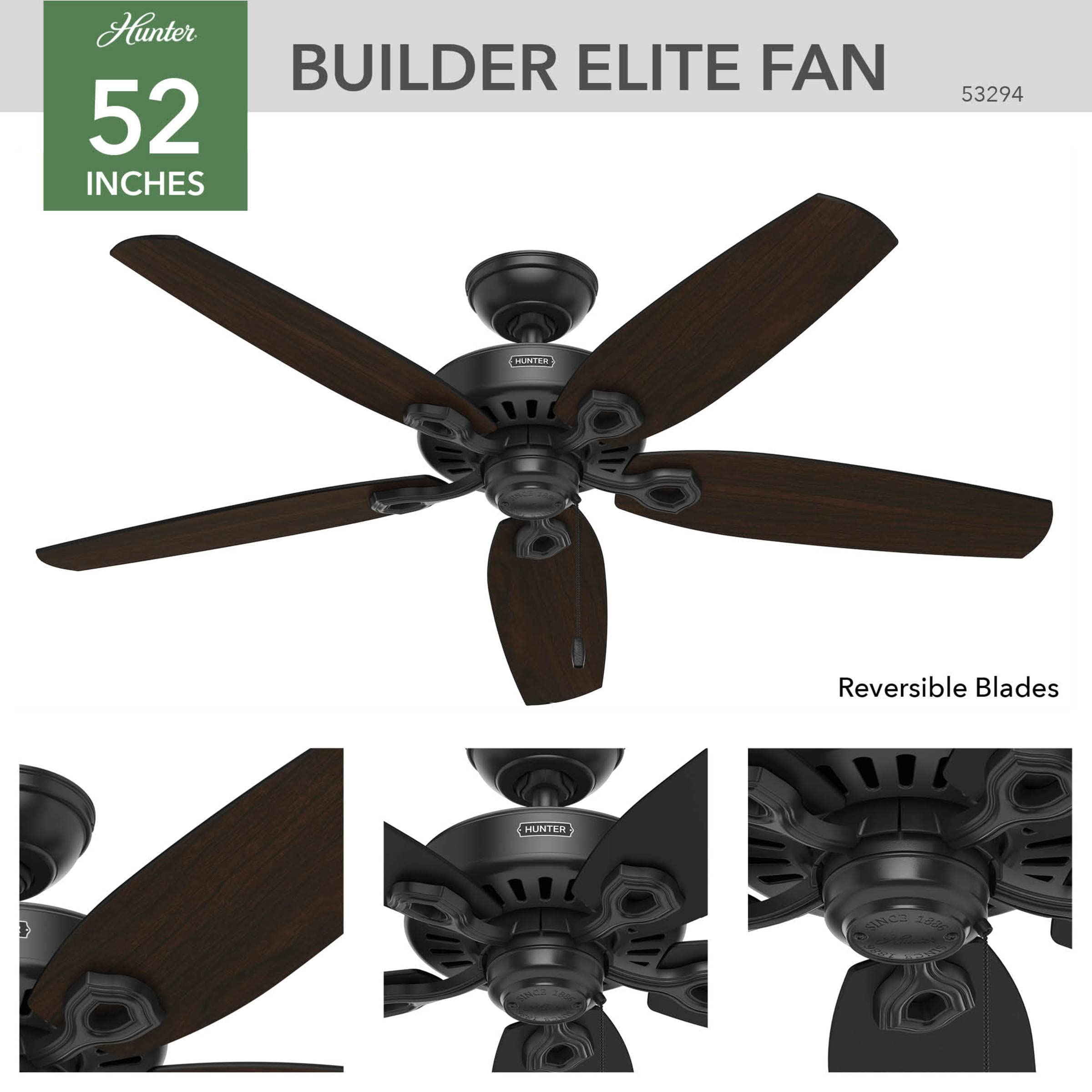 Hunter Fan Company 53294 Builder Elite Versatile Indoor/Outdoor 52 Inch Ceiling Fan without Light Fixture, Matte Black, 52