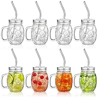 8 Pack Glass Mason Jars with Lids and Straws, 16 Oz Mason Jar Drinking Glasses with Handle, Mason Mugs Cups with Honeycomb Pattern for Juice, Iced Coffee, Milk Tea, Smoothie, Cocktail
