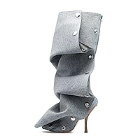 Vertundy Women's Denim boots With Zipper Silver Buttons Fall Slouchy Knee High Boot Pointed Toe Wood Stiletto Heel Fashion Boots DIY Fold Over Boots With Metal Snap Buttons Size 5-11US
