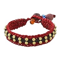 Handmade Brass Beaded Wristband Bracelet from Thailand Wood Glass Gold Tone Braided [7 in min L x 7.75 in max L x 0.6 in W] 'Siam Beauty in Red'