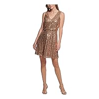Vince Camuto Womens Gold Zippered Lined Sleeveless V Neck Above The Knee Party Fit + Flare Dress Petites 10P