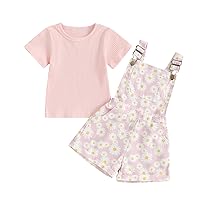 Newbgclo Toddler Baby Girl Clothes Ribbed Short Sleeve T-Shirt Daisy Floral Suspender Overalls Shorts Set 2Pcs Summer Outfits
