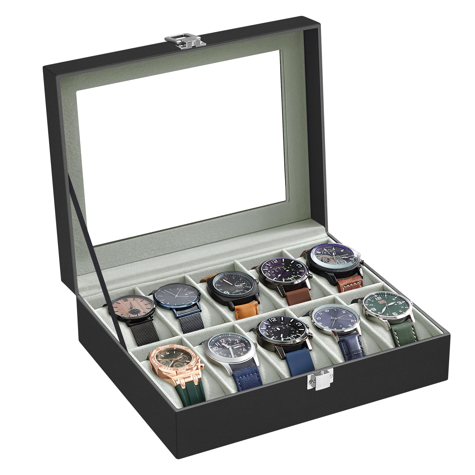 SONGMICS Watch Box, 10-Slot Watch Case with Large Glass Lid, Removable Watch Pillows, Watch Box Organizer, Gift for Loved Ones, Black Synthetic Leather, Gray Lining UJWB010BK