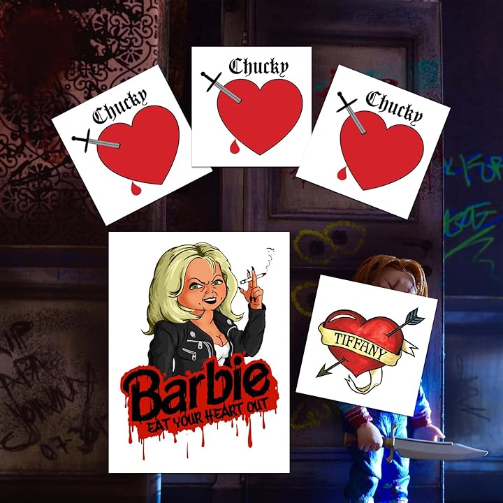 Mua Bride of Chucky Heart (3-pack) Plus Tiffany Heart & BONUS Movie Line  Tattoo | Halloween Costume Tattoo Kit | Skin Safe | MADE IN THE USA|  Removable Product Name trên Amazon