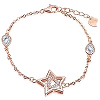 Girl's 925 Sterling Silver Cubic Zirconia Hollow Star and Heart Charm Adjustable Link Bracelets, Rose Gold Plated