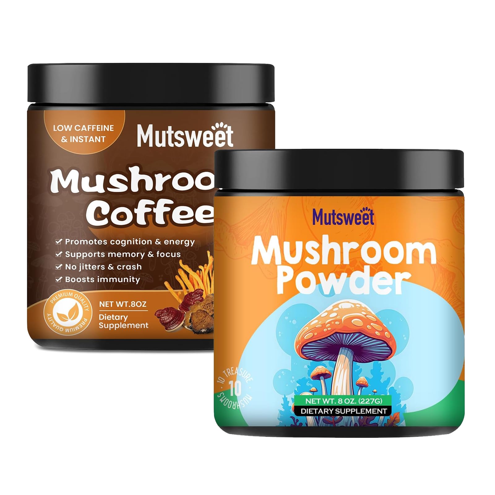 Mushroom Coffee & Ten Mushrooom Powder 227g, with Lions Mane, Reishi, Cordyceps, Turkey Tail, Chaga -Mushroom Supplement for Energy, Focus, Immune Support - 8oz