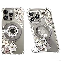 GVIEWIN Bundle - Compatible with iPhone 15 Pro Max Magnetic Case Floral (Delphinium)+ Magnetic Phone Ring Holder (Gray)