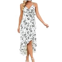 Vacation Dresses for Women Sexy V Neck Sleeveless Sundress Summer Bohemian Floral Beach Dress Irregular Sling Dress