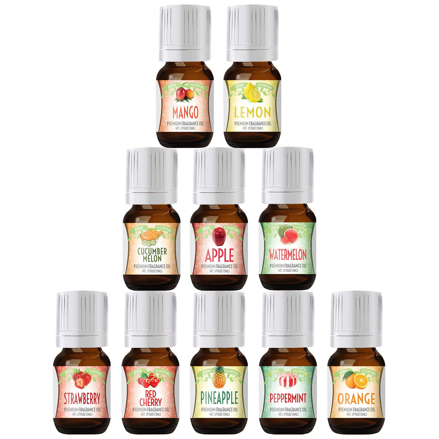 Fruity Fruits Good Essential Fragrance Oil Set (Pack of 10) 5ml Set Includes Strawberry, Apple, Watermelon, Pineapple, Cucumber Melon, Red Cherry, Mango, Peppermint, Lemon, and Orange