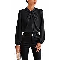 GRACE KARIN Women's Satin Top Mock Neck Twist Front Top Long Lantern Sleeve Silk Shirts Casual Loose Work Office Blouse