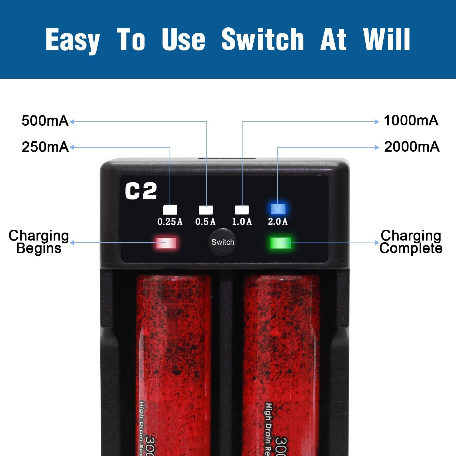 Aweite Universal Battery Charger, 2-Bay Battery Smart Charger for Li-ion/NiMH/NiCD, for 18650, 16340, 26650, AA, AAA, and More 3.7V USB Fast Portable Battery Charger