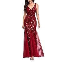 Women's Sleeveless V-Neck Tulle Embroidery Sequins Cocktail Mermaid Bridesmaid Dresses