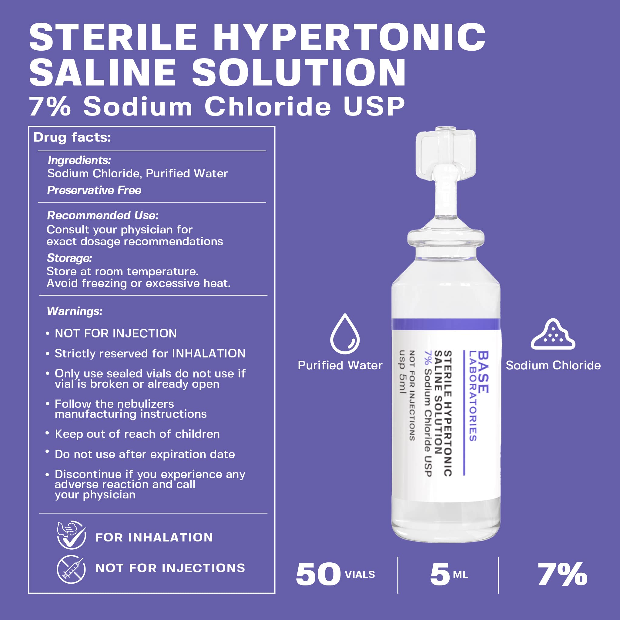 Base Labs 7% Hypertonic Saline Solution for Nebulizer Machine | Sterile Saline Solution for Inhalation| Helps with Respiratory Treatments, Clears Lungs, Mucus & Congestion l 50 Vials 5ml Unit Dose