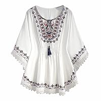 Women's Spring Bohemian Tops Shirt Lace Linen Ruffle Floral Embroidered Tunic for Older Women Lace Up Summer Flowy