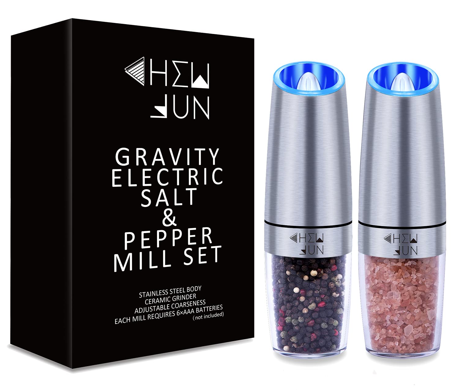 Gravity Salt and Pepper Mill Set with Adjustable Coarseness Automatic Pepper and Salt Grinder Battery Powered with Blue LED Light,One Hand Operated,Brushed Stainless Steel by CHEW FUN