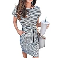 Short Sleeve Dresses for Women 2024 Ladies Casual Sexy Round Neck Tunic Striped Dress, S XXL