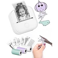 Memoking Mini Portable Sticker Printer - T02 Pocket Printer with 3 Rolls Paper, Bluetooth Picture Printer for Children Birthday, Receipts, Compatible with Phone & Tablet, White